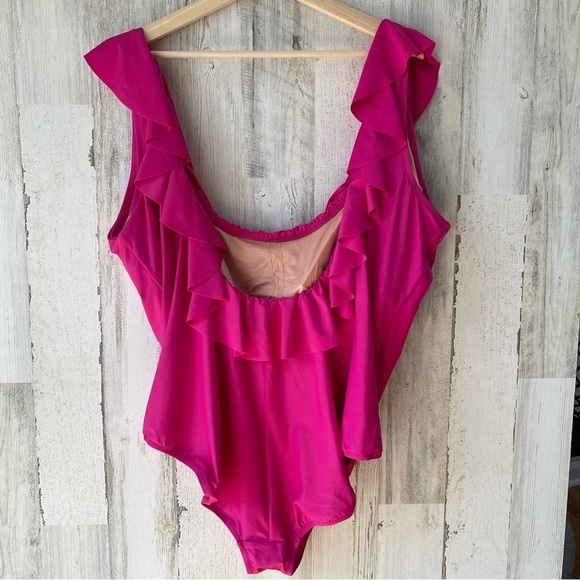 J. Crew Hot Pink Ruffle Scoopback One-Piece Swimsuit Bathing Suit Plus Size 24 - Picture 7 of 14